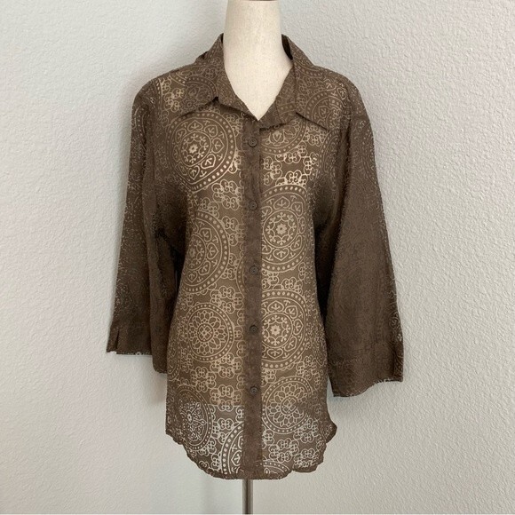 Alfred Dunner Sheer Lightweight Abstract Batik Tan 3/4 Sleeve Button Blouse  18 - Picture 1 of 9